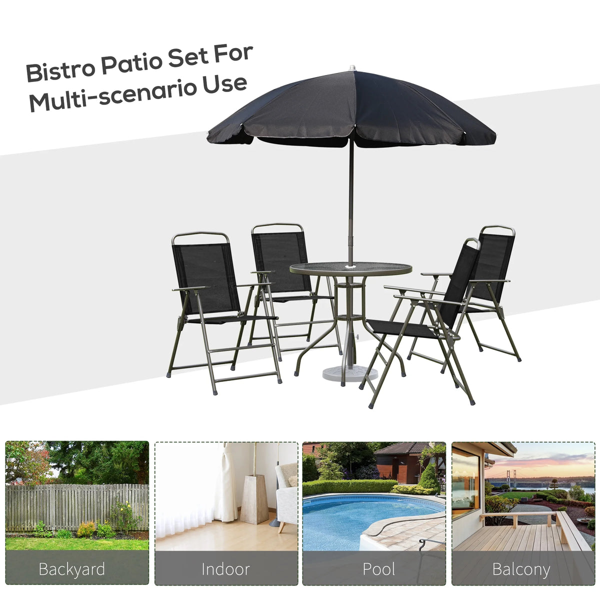 6 Piece Patio Dining Set with Umbrella, Black J5673