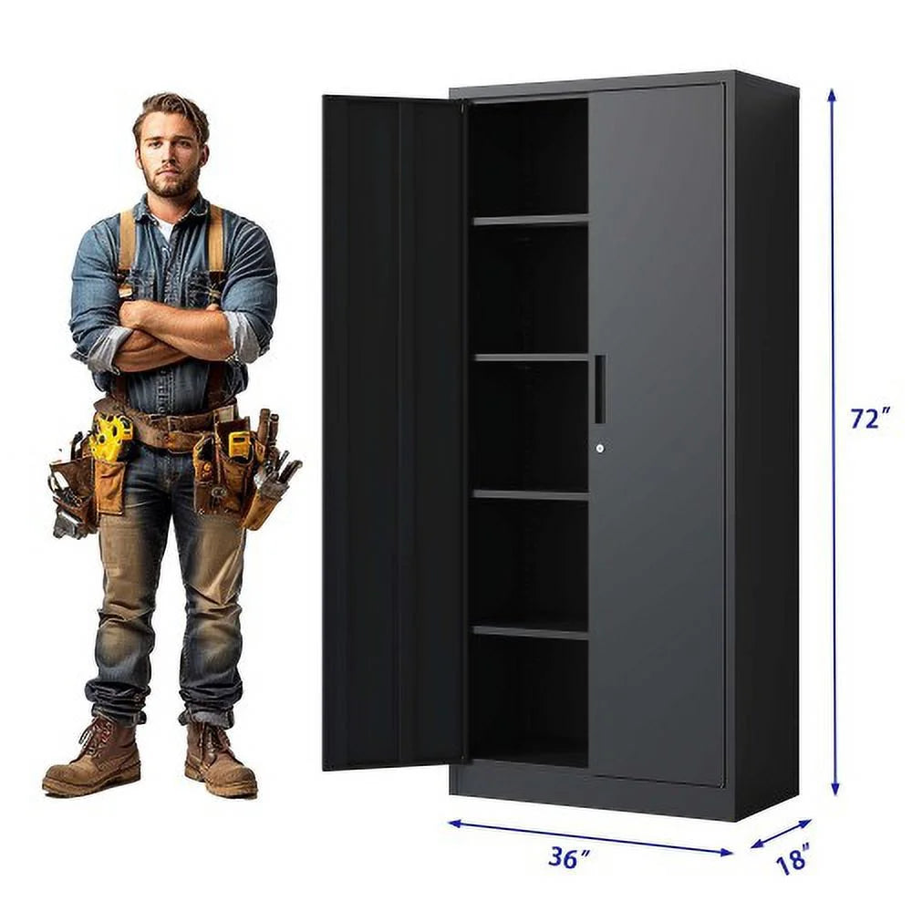 72" Black Metal Steel Storage Cabinet with Doors and 4 Shelves H2621
