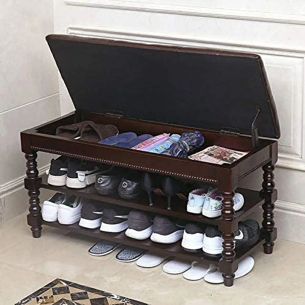 Solid Wood Shoe Storage Bench with Cushion U278863