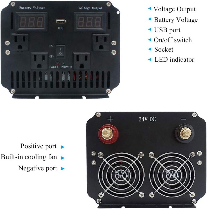 4000W Pure Sine Wave Power Inverter DC 24V to AC 110V/120V with Remote Control USB LED Display Y2748