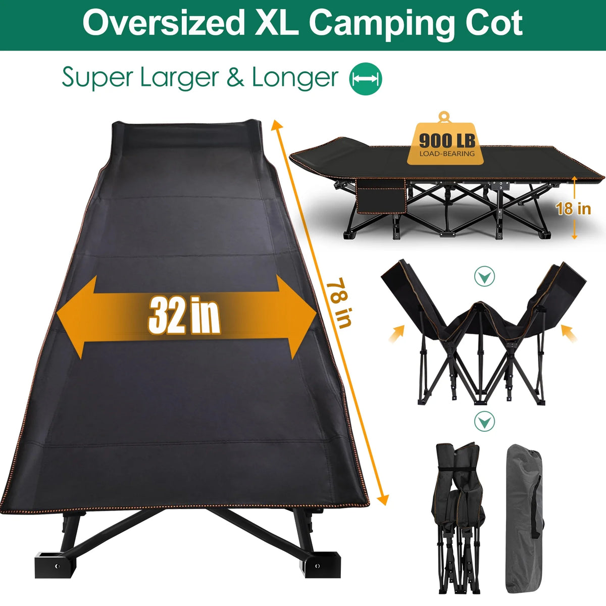 78" Oversized Folding Cot with Mattress and Carry Bag H8870