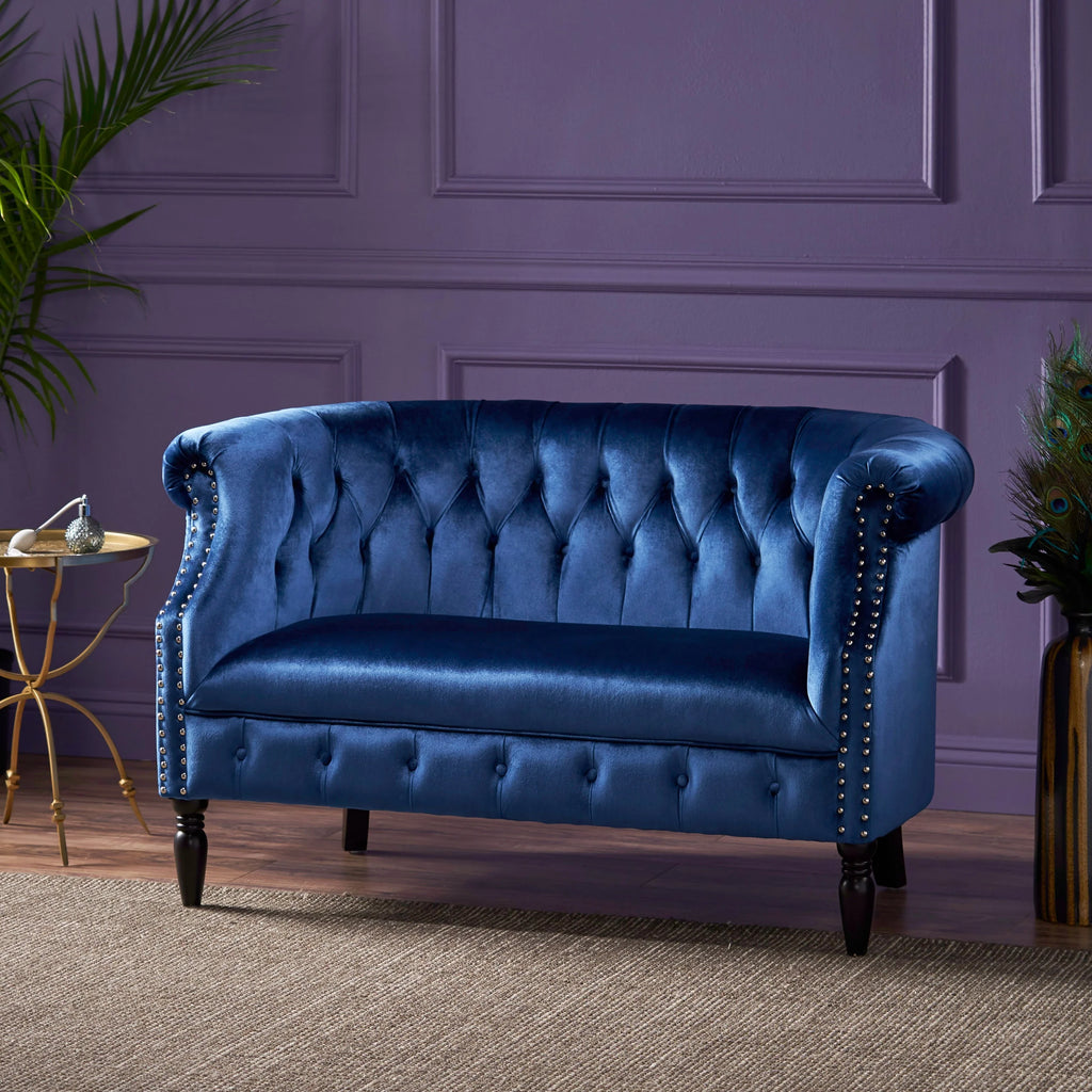 Navy Blue and Dark Brown Velvet Loveseat F371246