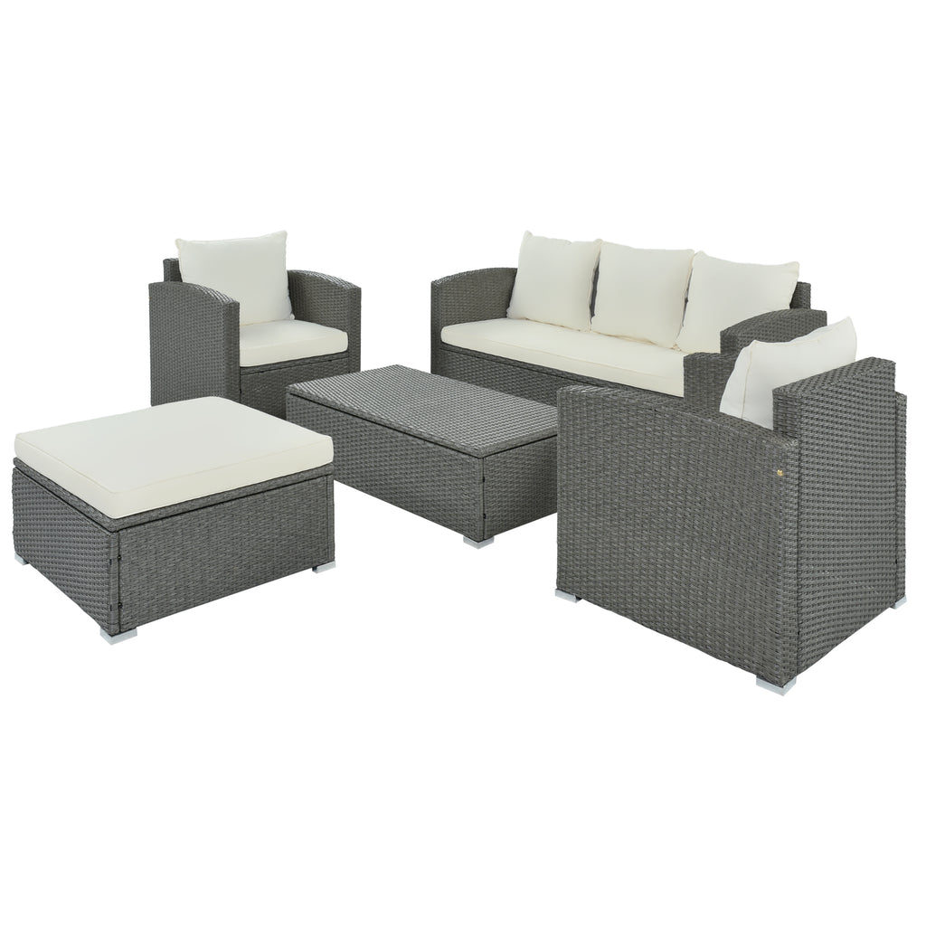 Gray Wicker Beige Cushion 5-Piece PE Rattan Sectional Sofa Set Z806708