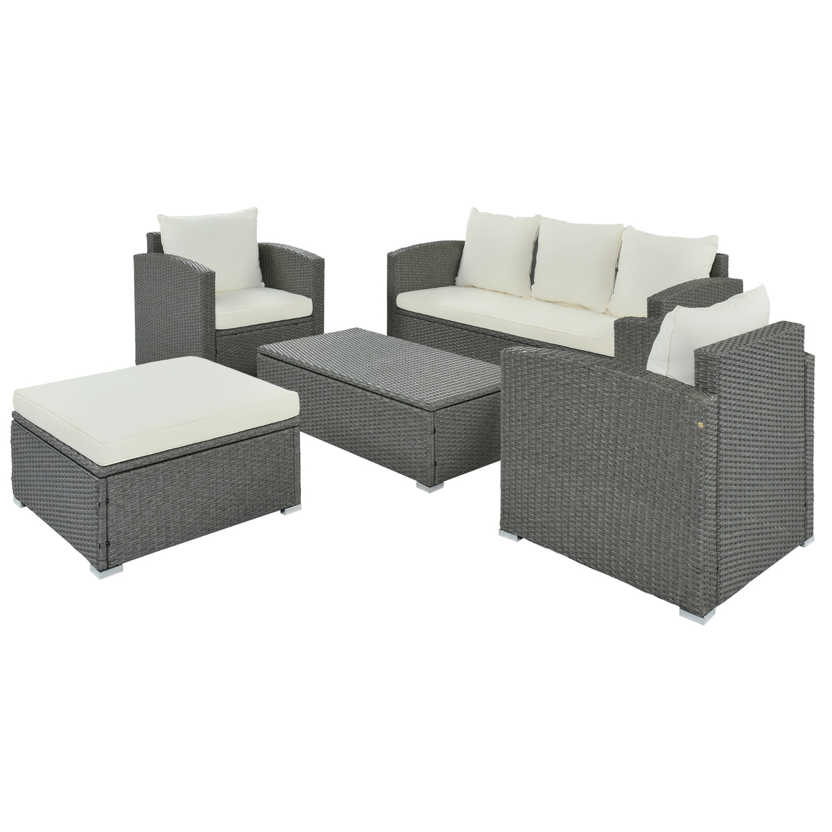 Gray Wicker Beige Cushion 5-Piece PE Rattan Sectional Sofa Set Z806708