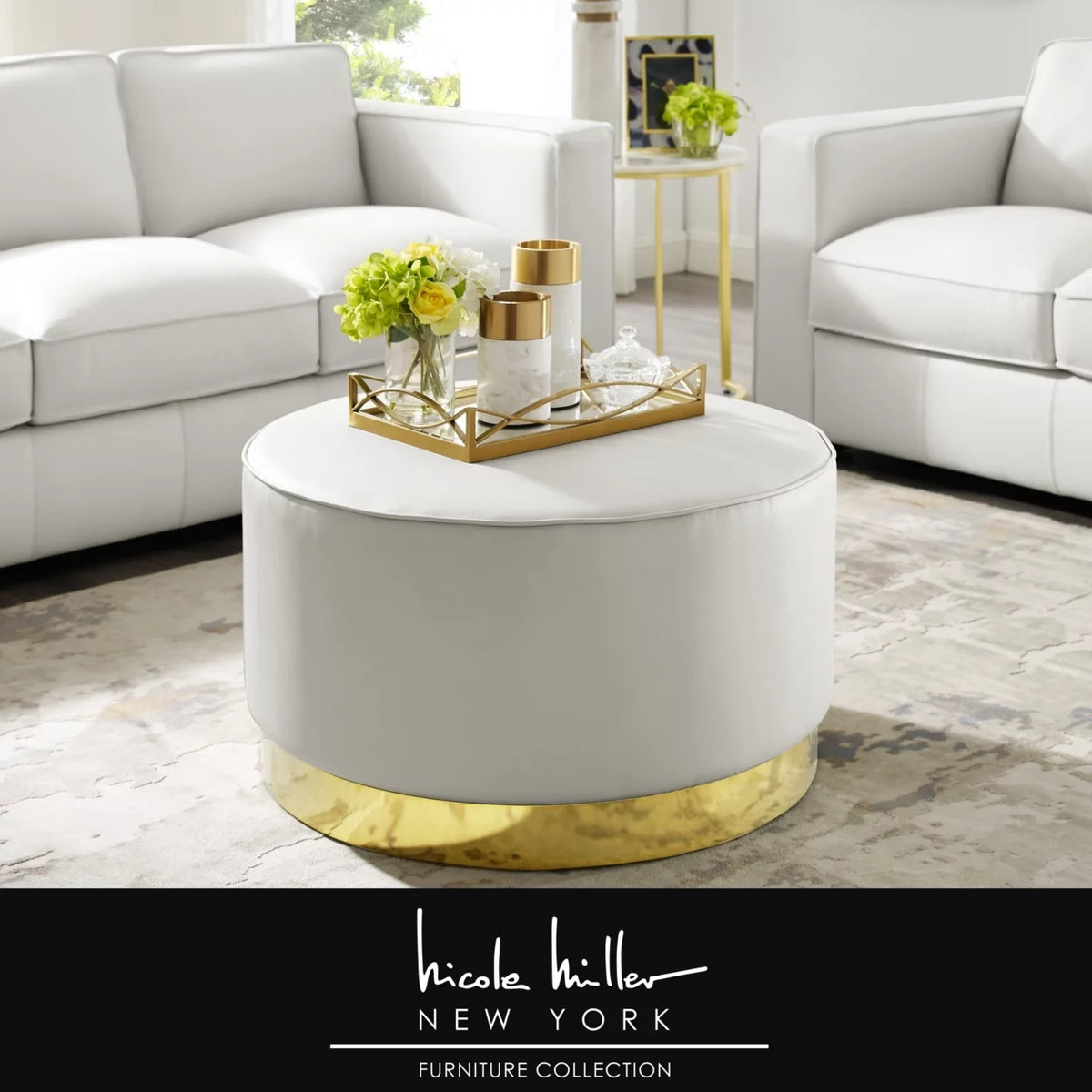 Leather or Velvet Cocktail Ottoman with Chrome or Gold Trim Base R870295