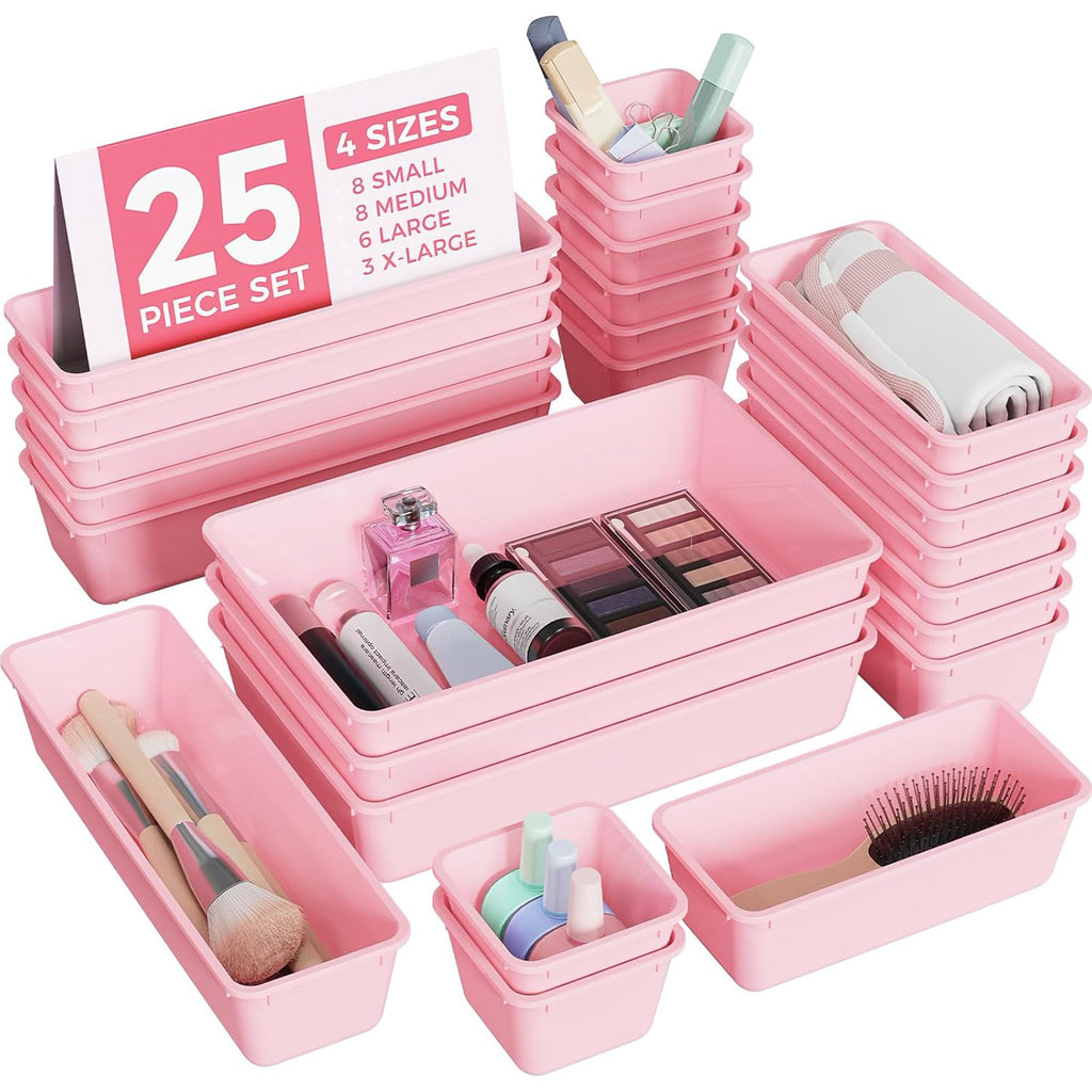 25 PCS Plastic Drawer Organizers Set, 4-Sizes (Pink) O70032