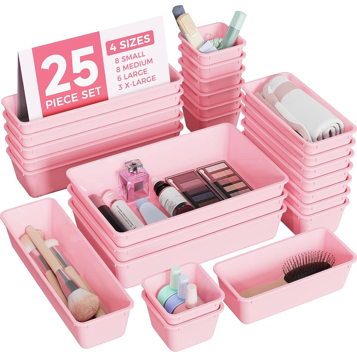 25 PCS Plastic Drawer Organizers Set, 4-Sizes (Pink) O70032
