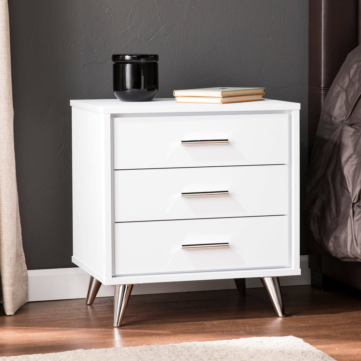 White Chrome Finish Bedside Table with Drawers A6473
