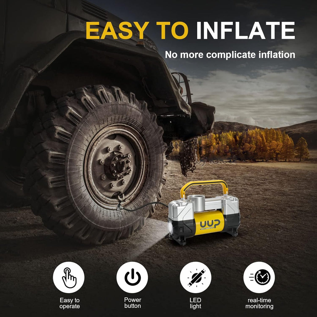 Portable Air Compressor Tire Inflator, Double Cylinders, 12V DC, Metal Air Pump, LED Light, Pack of 2 O1104
