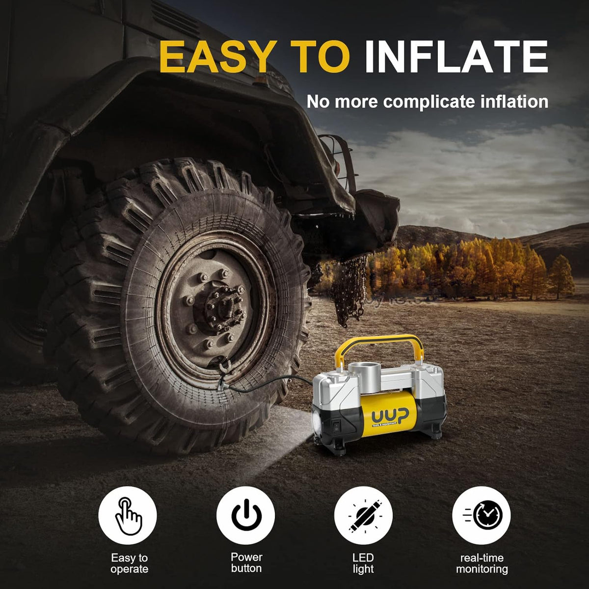 Portable Air Compressor Tire Inflator, Double Cylinders, 12V DC, Metal Air Pump, LED Light, Pack of 2 O1104