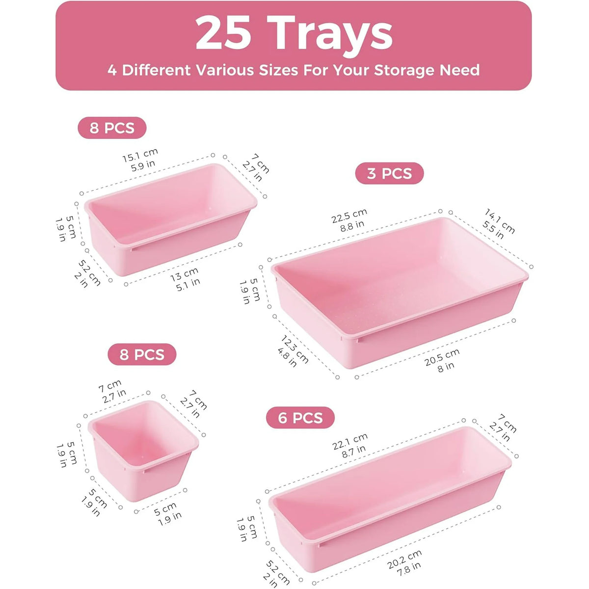 25 PCS Plastic Drawer Organizers Set, 4-Sizes (Pink) O70032