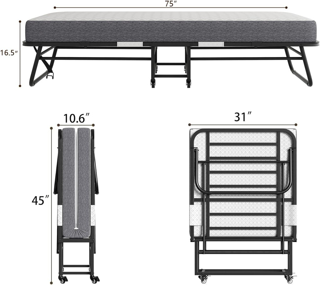 Folding Bed with Memory Foam Mattress on Wheels O1415