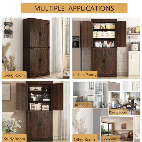 71" Tall Kitchen Pantry Storage Cabinet with 4 Barn Doors M649
