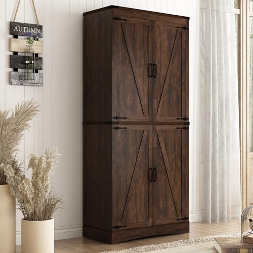 71" Tall Kitchen Pantry Storage Cabinet with 4 Barn Doors M649