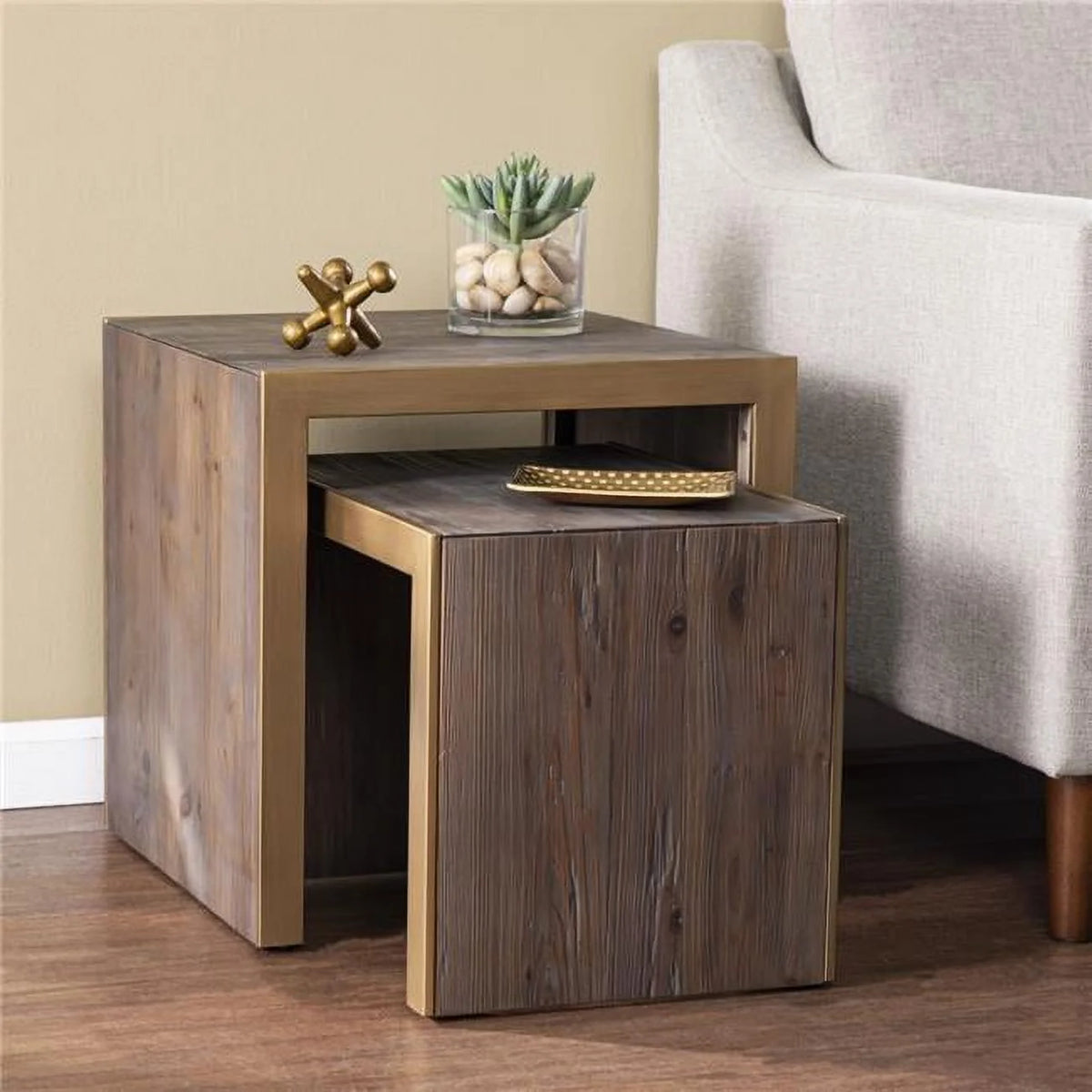 19 in. Solid Wood & Gold Nested End Tables - Set of 2 K8464