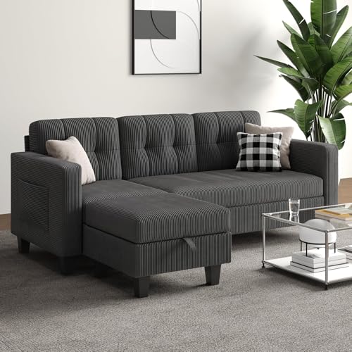 76 Inch L Shaped Corduroy Convertible Sectional Sofa with Reversible Storage Ottoman B953243