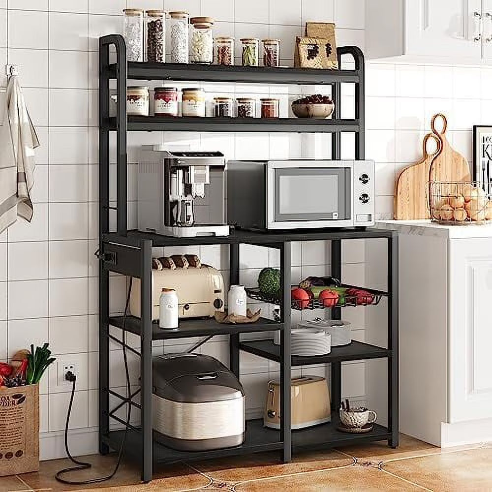 Rustic Black 6-Tier Kitchen Rack with Wire Drawer B700672