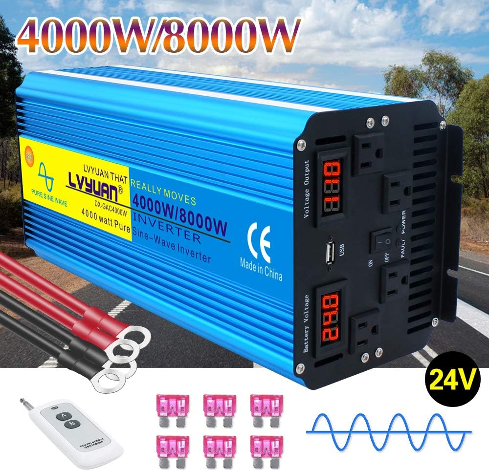 4000W Pure Sine Wave Power Inverter DC 24V to AC 110V/120V with Remote Control USB LED Display Y2748