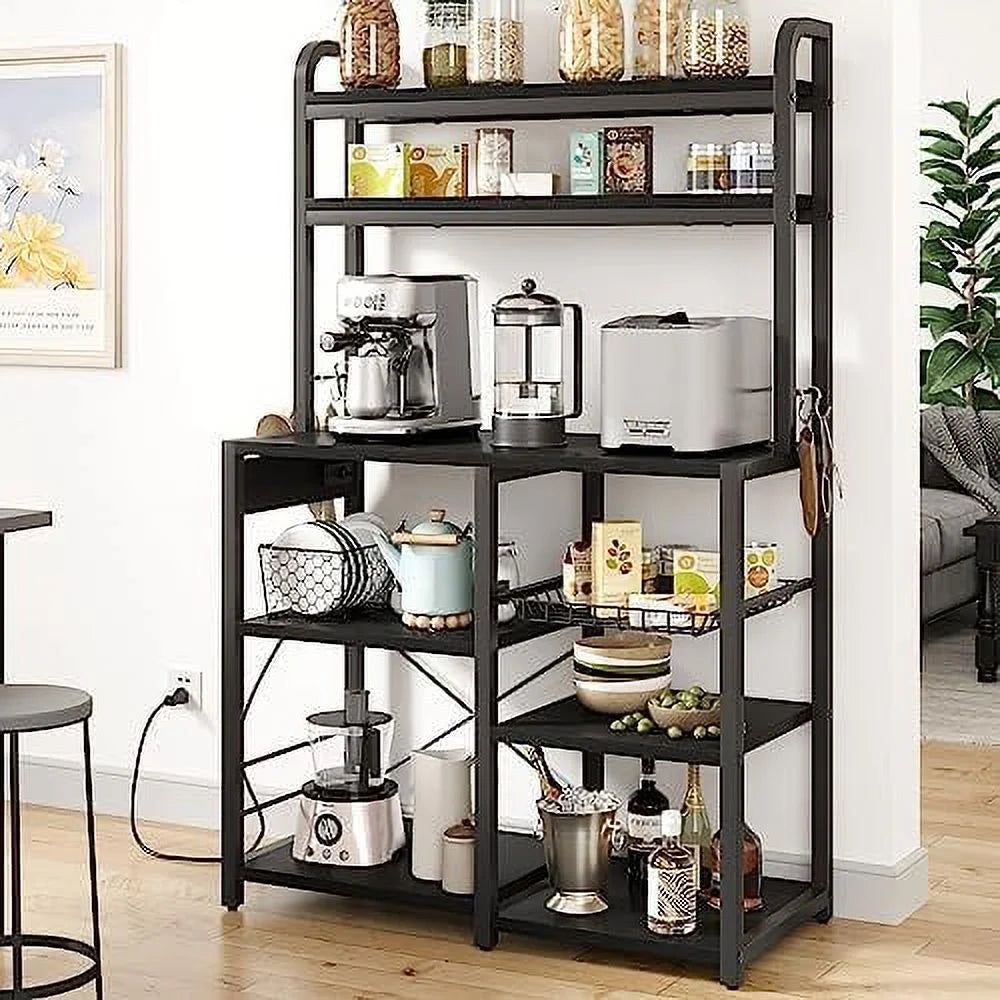 Rustic Black 6-Tier Kitchen Rack with Wire Drawer B700672