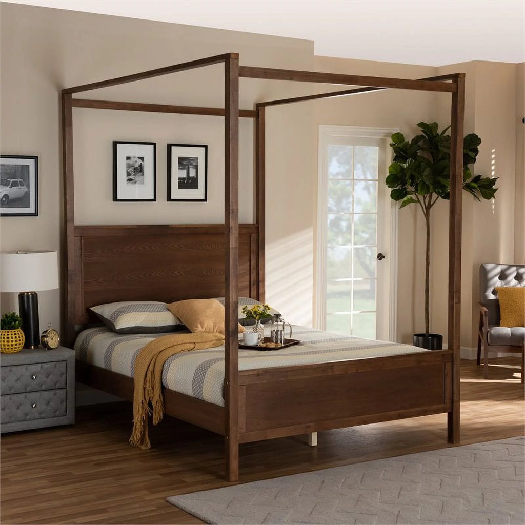 Queen Size Walnut Finished Wood Canopy Bed Q552