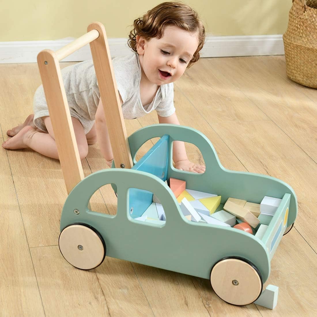 Green Wooden Baby Walker with Blocks Trolley J123810