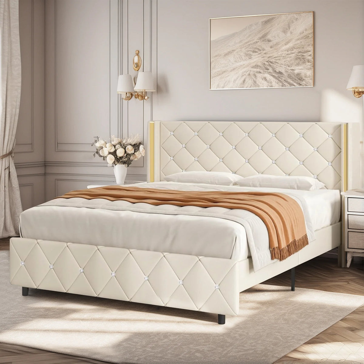 Queen Upholstered Bed Frame with Wingback Headboard N52953