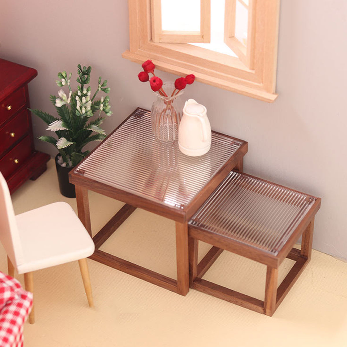 Mini Table Acrylic Black Walnut Wood for Doll House U173946