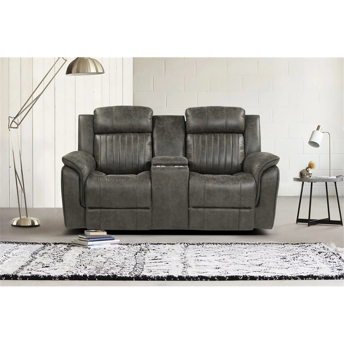 Gray Microfiber Double Reclining Loveseat with Center Console J7042