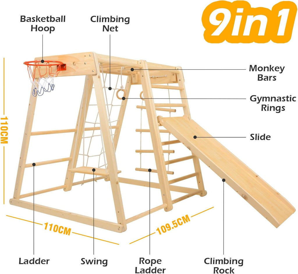 Wood Playset 9-in-1 with Slide, Basketball, Swing, Jungle Gym, Swedish Ladder, Monkey Bars, Rope Ladder, Rock Wall Dome C193550