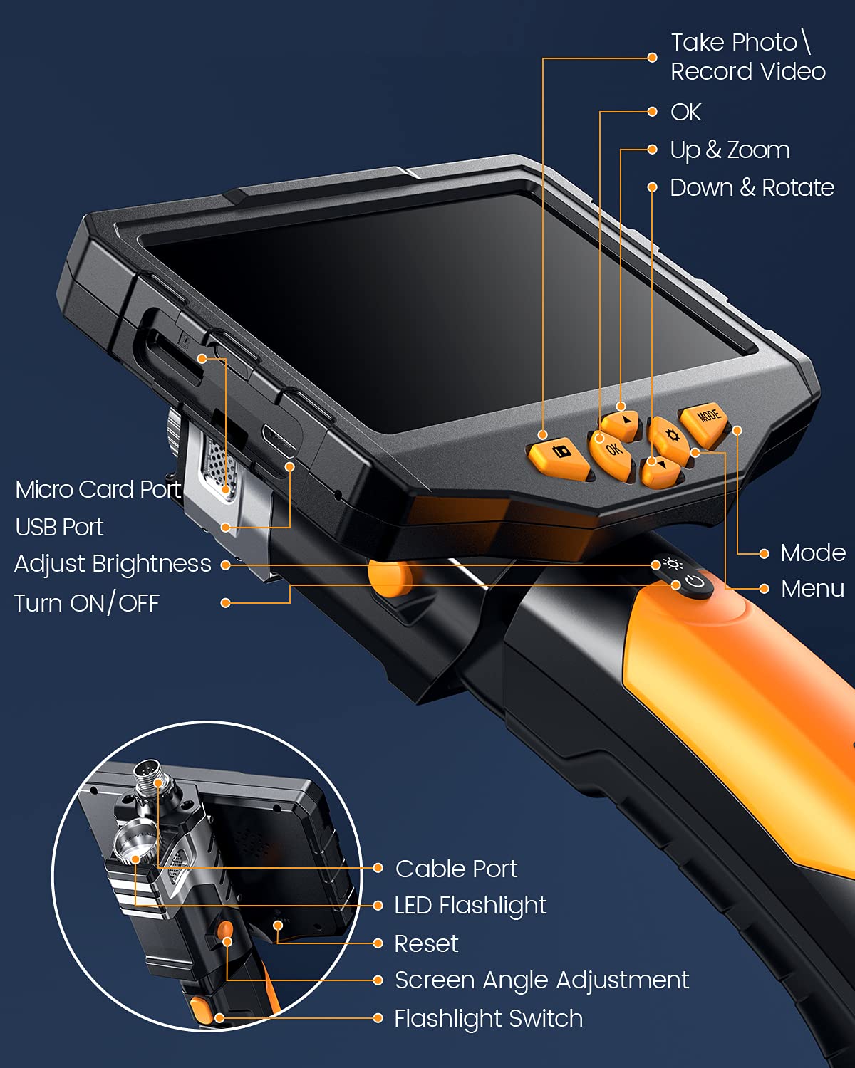 Triple-Lens Borescope Inspection Camera with Light, 16.4ft Waterproof Flexible Cable S5867