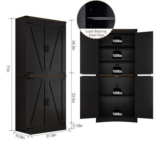 71" Tall Kitchen Pantry Storage Cabinet with 4 Barn Doors M649