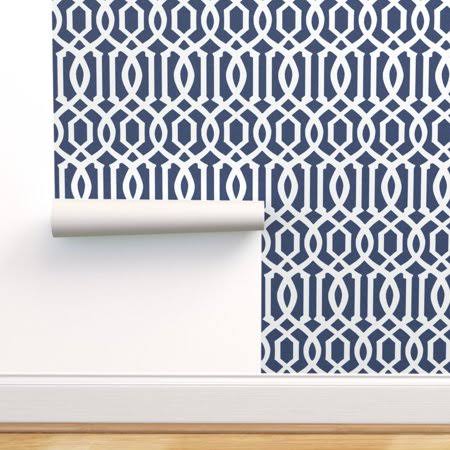 Imperial Navy Blue White Trellis Lattice Peel-and-stick Wallpaper Roll 24in x 144in Q117