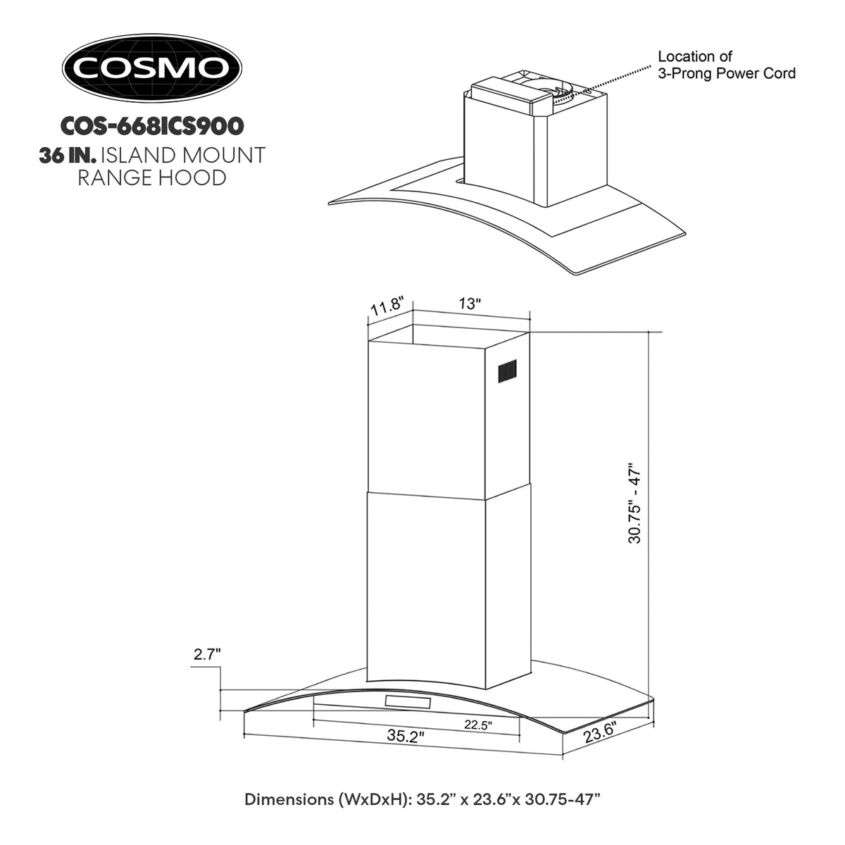 36 in. Ducted Island Range Hood in Stainless Steel O897510