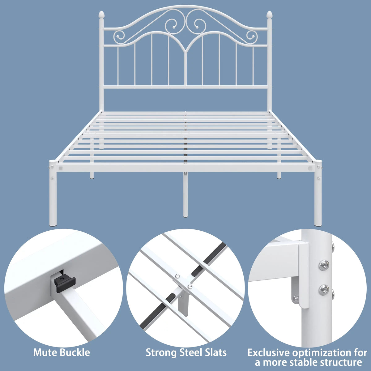 White Full Size Metal Platform Bed Frame with Vintage Headboard I43335