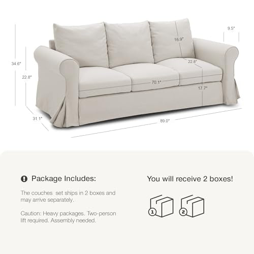 89" White Slip Covered Sofa with Extra Deep Seat J8793