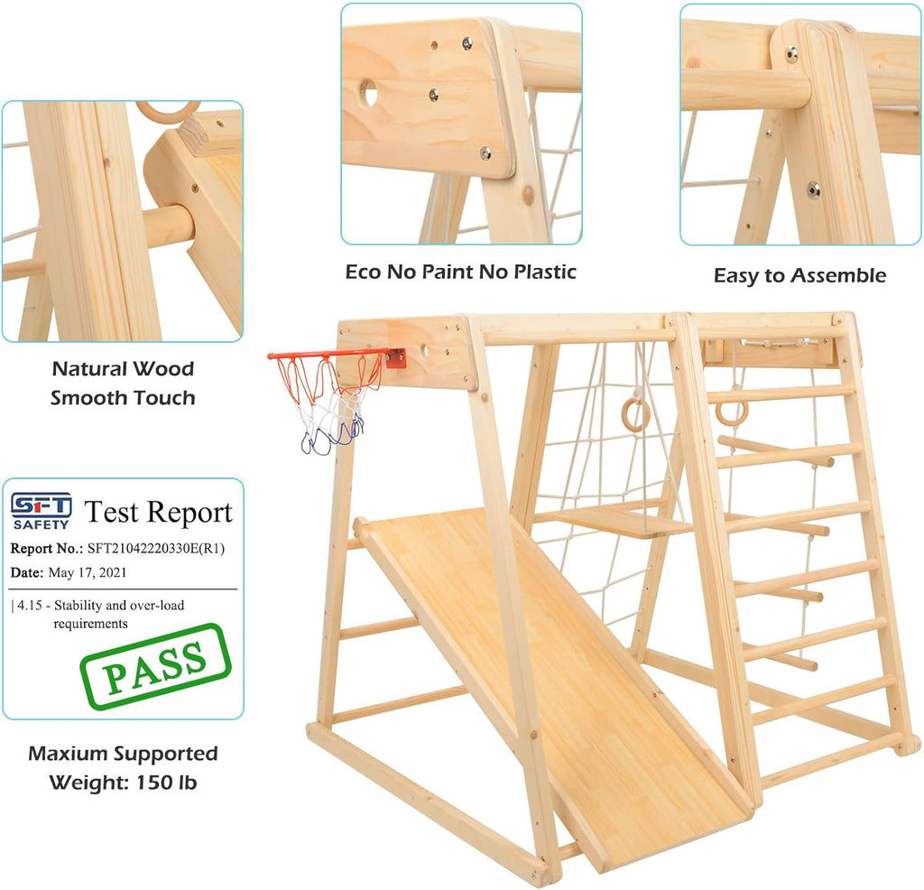 Wood Playset 9-in-1 with Slide, Basketball, Swing, Jungle Gym, Swedish Ladder, Monkey Bars, Rope Ladder, Rock Wall Dome C193550