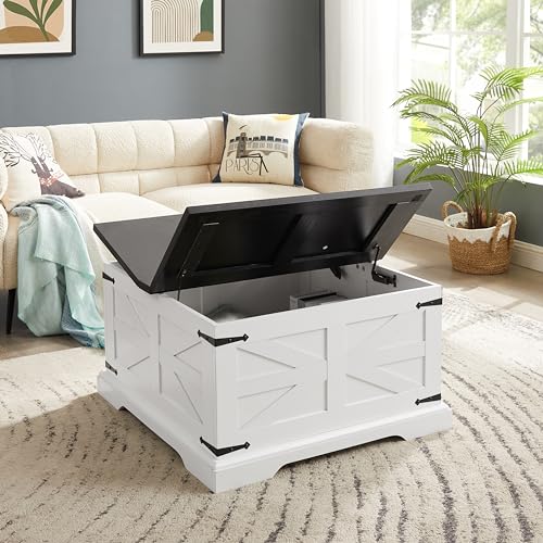 Farmhouse Lift Top Coffee Table, 31.5" Square Wood Center Table with Hidden Storage Compartment J2106