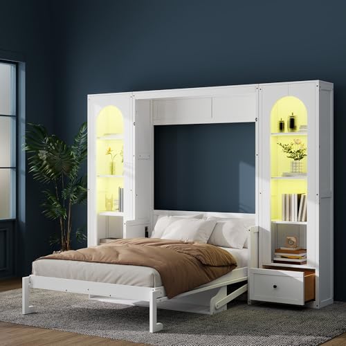 White Queen Size Wood Murphy Bed with Desk and Storage Q322931