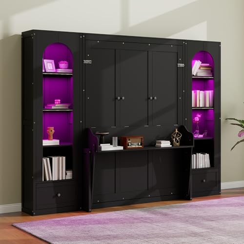 White Queen Size Wood Murphy Bed with Desk and Storage Q322931