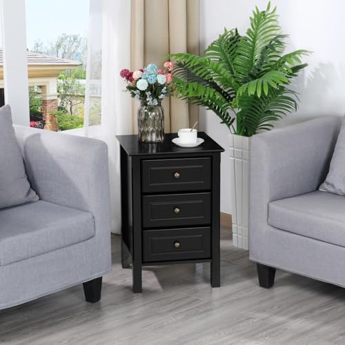 Black Bedside Table Set of 2 with 3 Drawer and Solid Wood Legs A4389