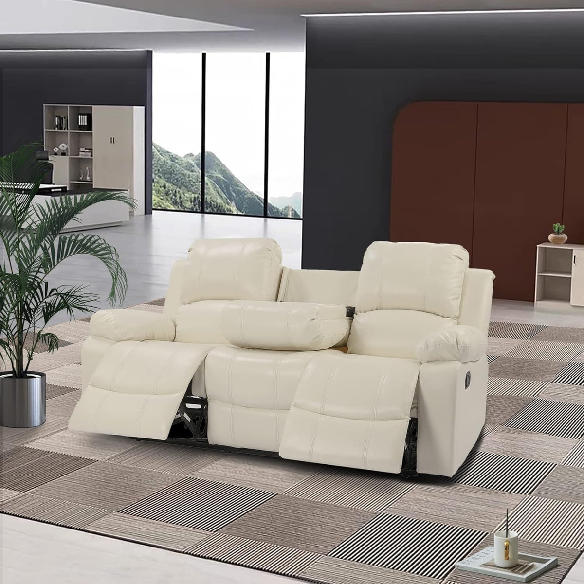 Beige Air Leather Double Recliner Loveseat with Console L31141