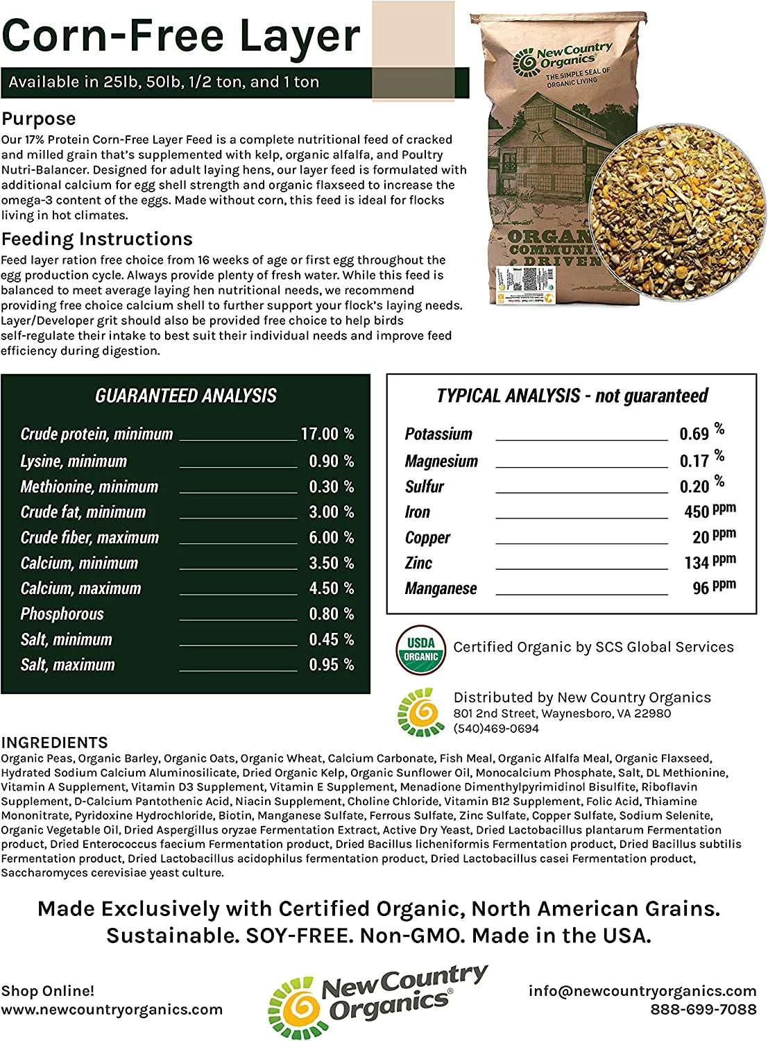 Corn-Free Soy-Free Organic Non-GMO 17% Protein Chicken Feed 25lb Bag G14043