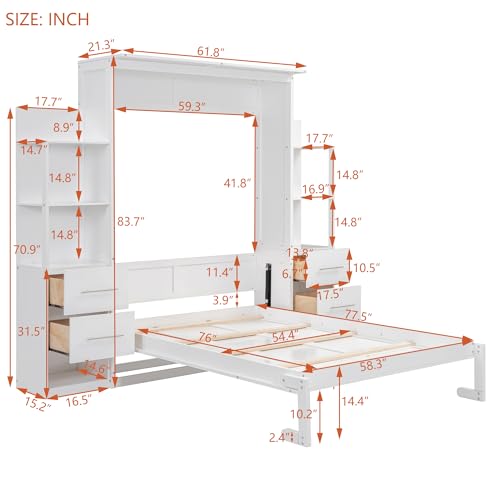 Queen Size Solid Wood Murphy Bed with Shelves and LED Lights U9459