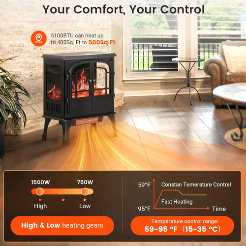 24'' Electric Fireplace Heater with Remote Control, 3D Realistic Flame, 750/1500W M525817