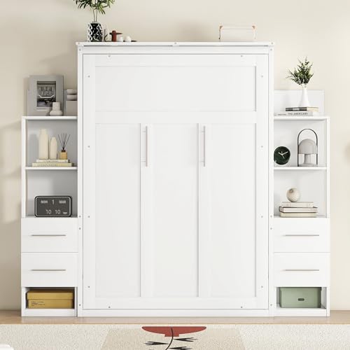 Queen Size Solid Wood Murphy Bed with Shelves and LED Lights U9459