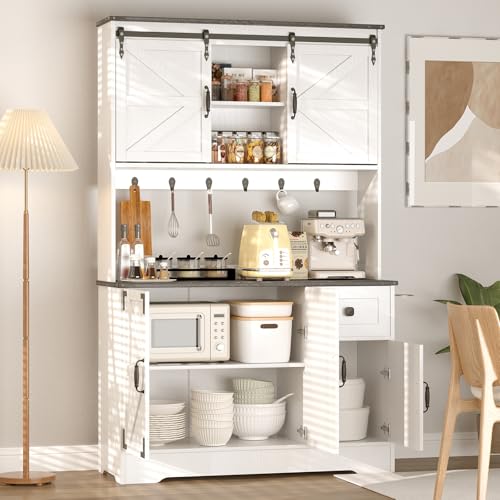 White Kitchen Pantry Cabinet with Charging Station and Microwave Stand C589164