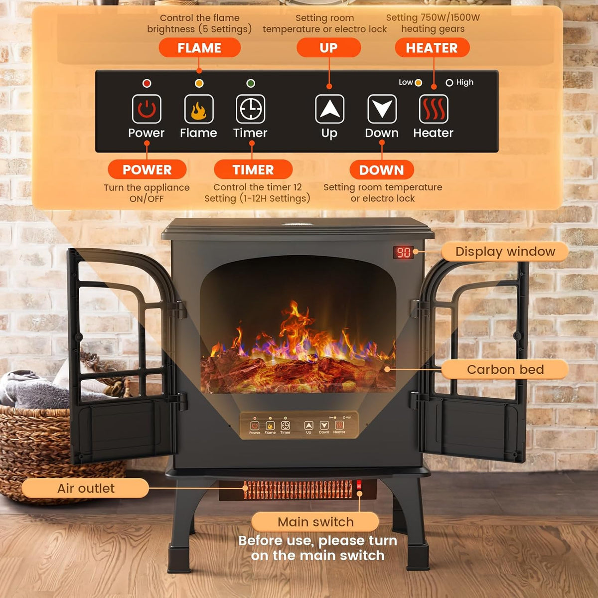 24'' Electric Fireplace Heater with Remote Control, 3D Realistic Flame, 750/1500W M525817