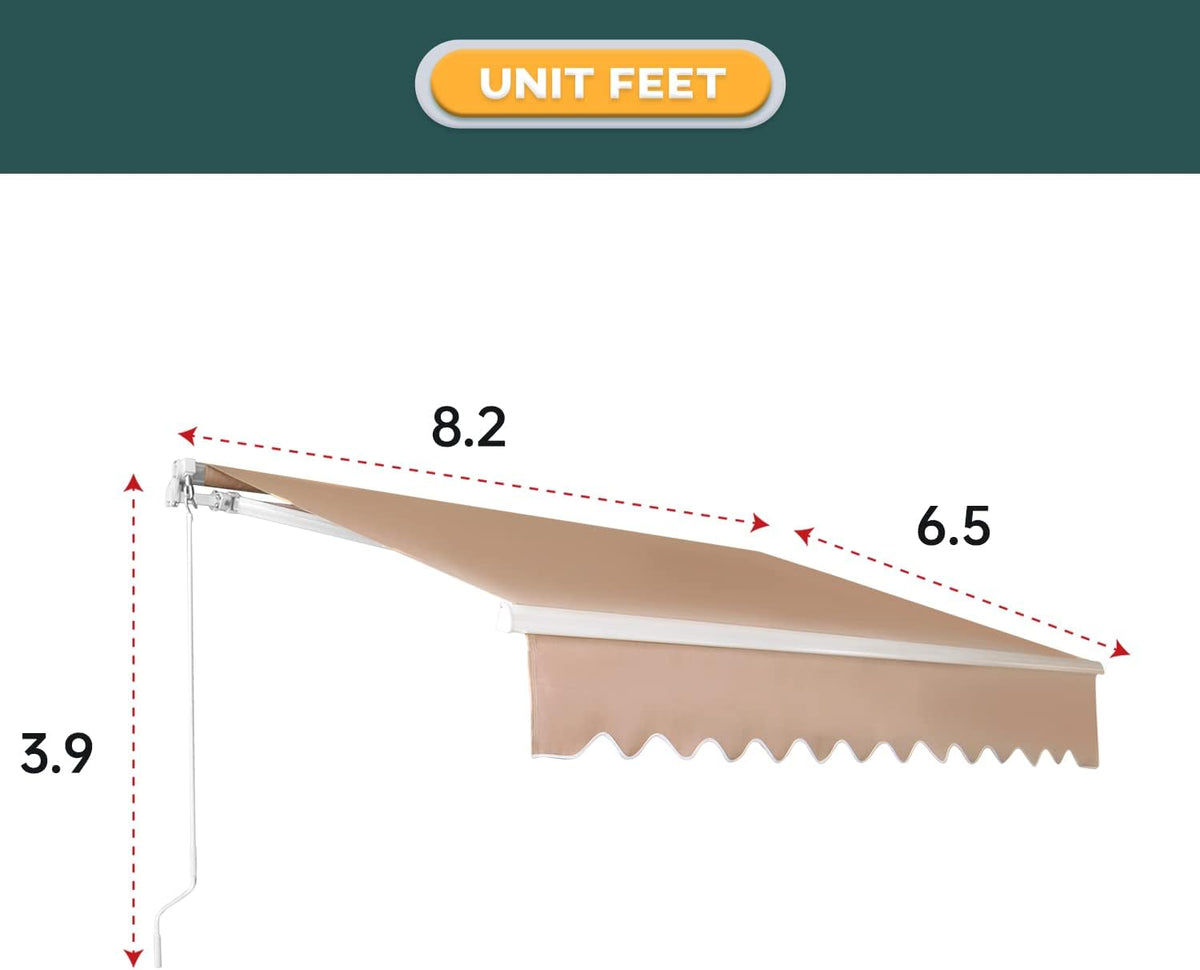 Retractable Patio Awning with Crank Handle UV Water-Resistant Fabric Tan 6.5’x8.2’ R7828