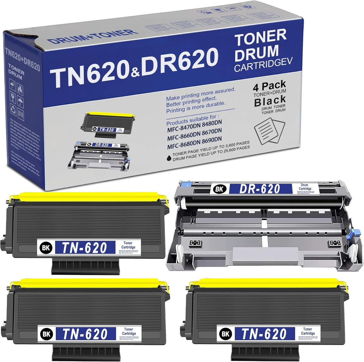 Compatible TN620 Toner Cartridge and DR620 Drum Unit 4-Pack D733134