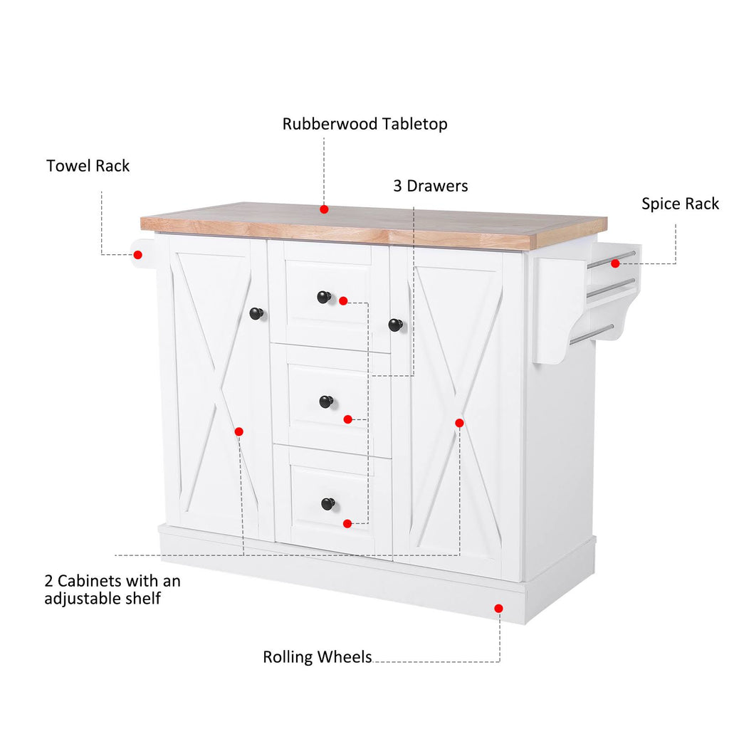 Portable Wooden Kitchen Island Cart with Drawers and Wheels White C143859